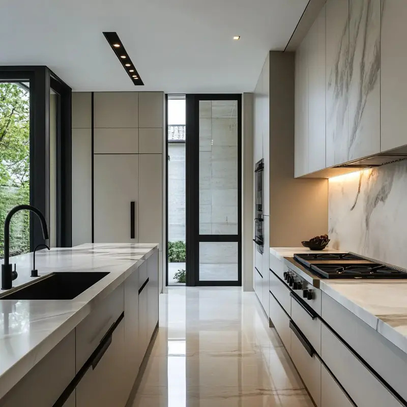 Modern kitchen with marble countertops and black fixtures