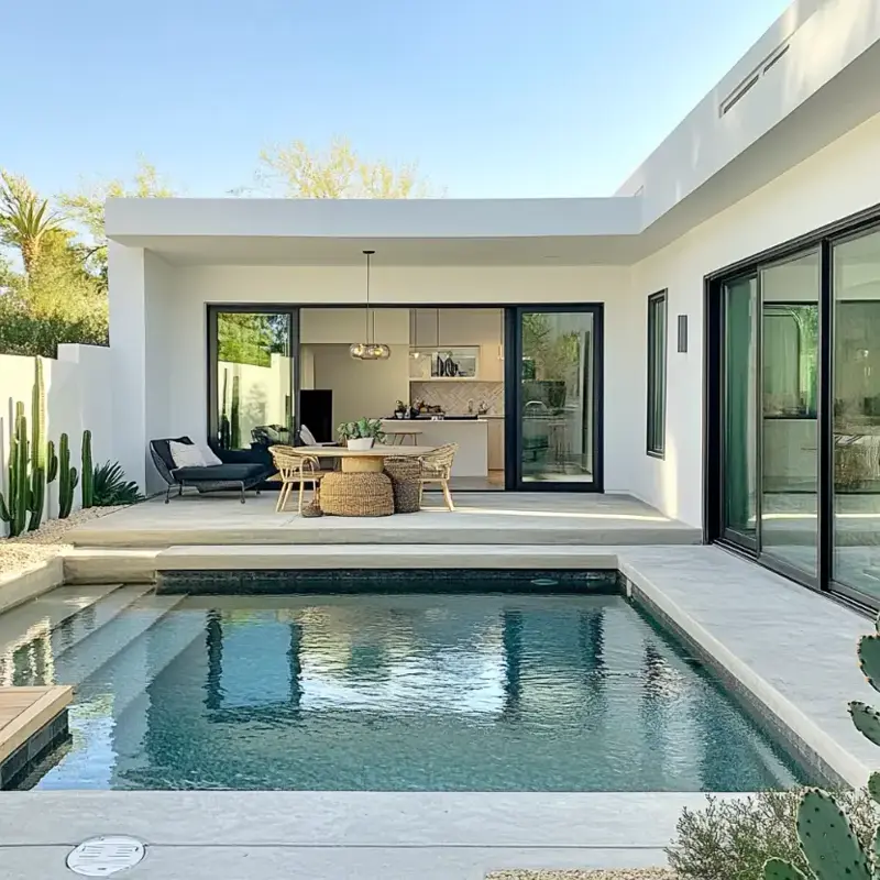 Outdoor living area with pool and desert landscaping